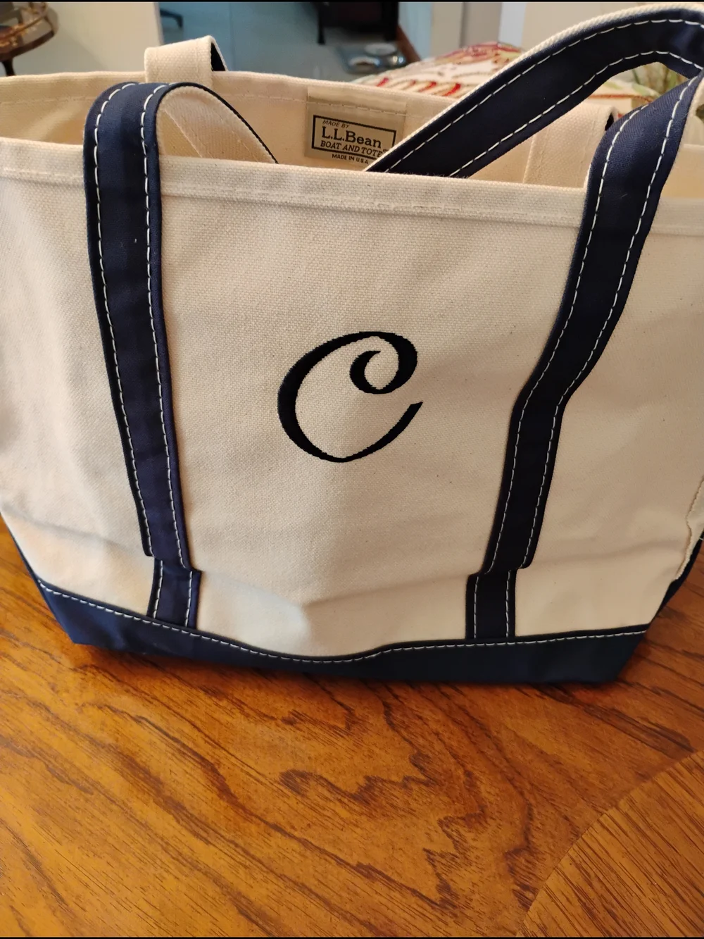 L.L. Bean Navy & Cream Boat and Tote Canvas Bag - Monogrammed C